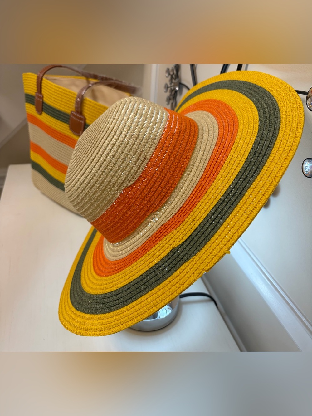 Striped Wide-Brim Straw Sun Hat in Yellow, Orange & Olive